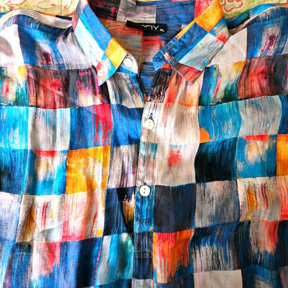 APNY tunic blouse size XL quarter button high low lightweight watercolor block - Picture 4 of 12